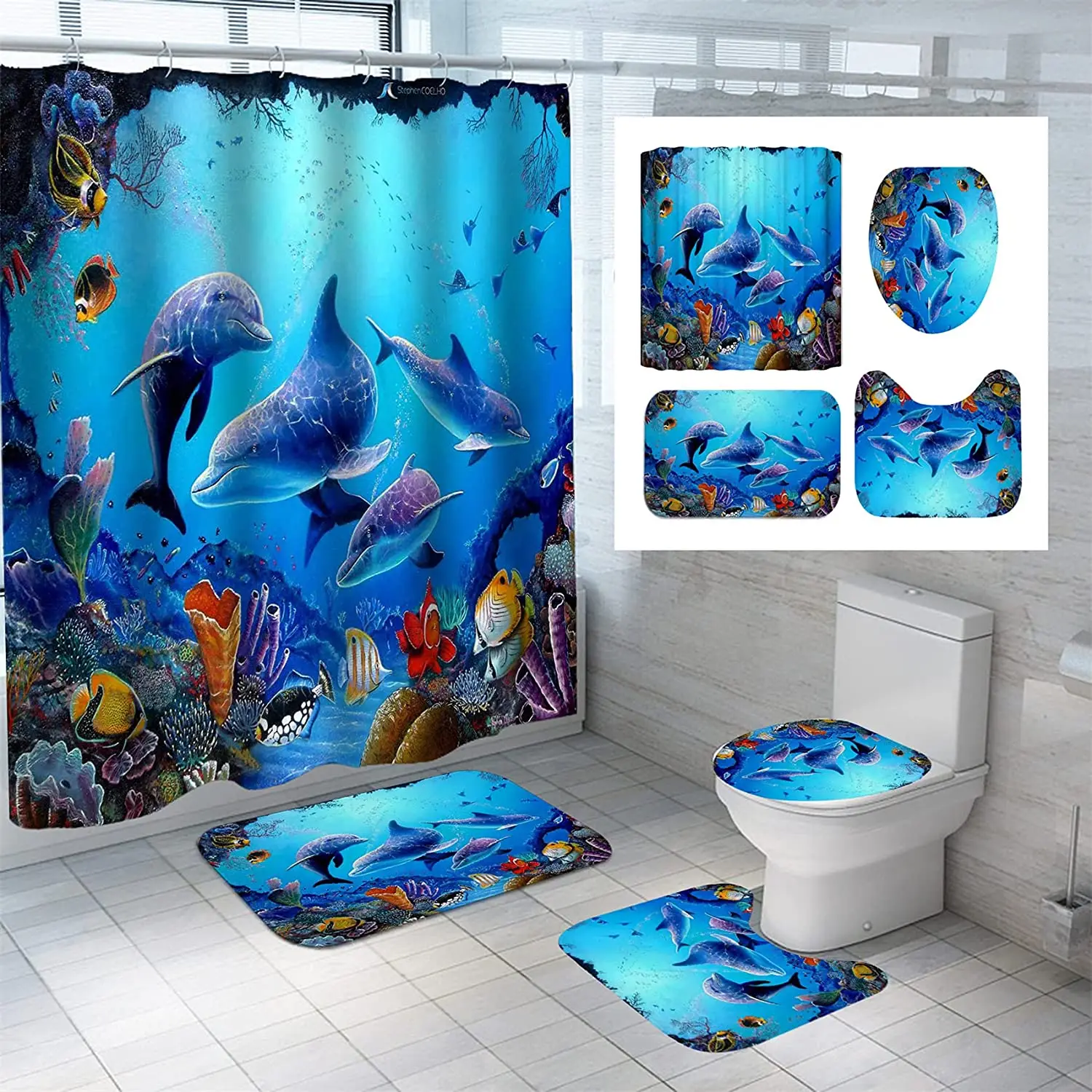 

Dolphin Blue Ocean Print Shower Curtain Set Carpet Cover Toilet Cover Bathroom Mat Cushion Cover Bathroom Curtain Household