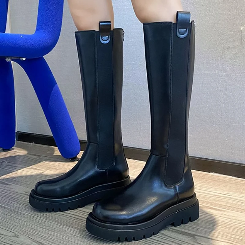 

New Autumn High Boots Round Toe Knight Boots PU Leather Slip-on Women's Knee-length Boots Flat Boots Thick Bottom Botas De Mujer