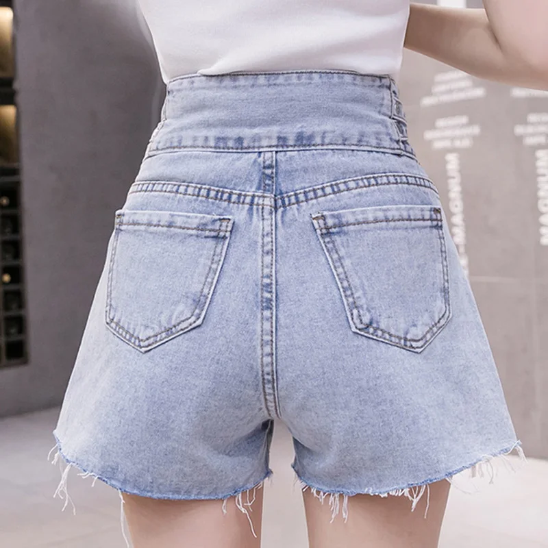 

Zoki Hole Denim Women Shorts High Waist Tassel Cotton Jean Shorts Casual Korean Wide Leg Loose Pocket Female Summer New 2021
