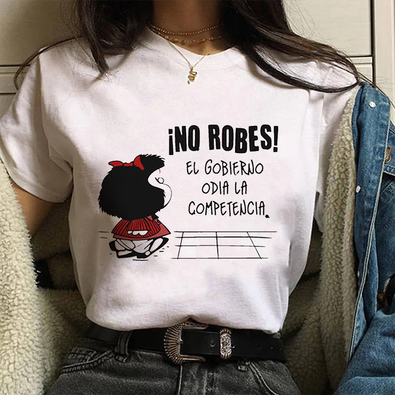 

Mafalda-Women's white T-shirt, beautiful, kawaii cartoon, Harajuku, no dress, fashion, 2021, printed short-sleeved T-shirts
