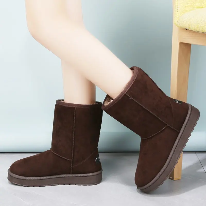 

Round Toe Faux Suede Ankle Boots Female Dropshipping Women's Winter Snow Boots Flat Warm Thick Plush Cotton Padded Shoes Woman