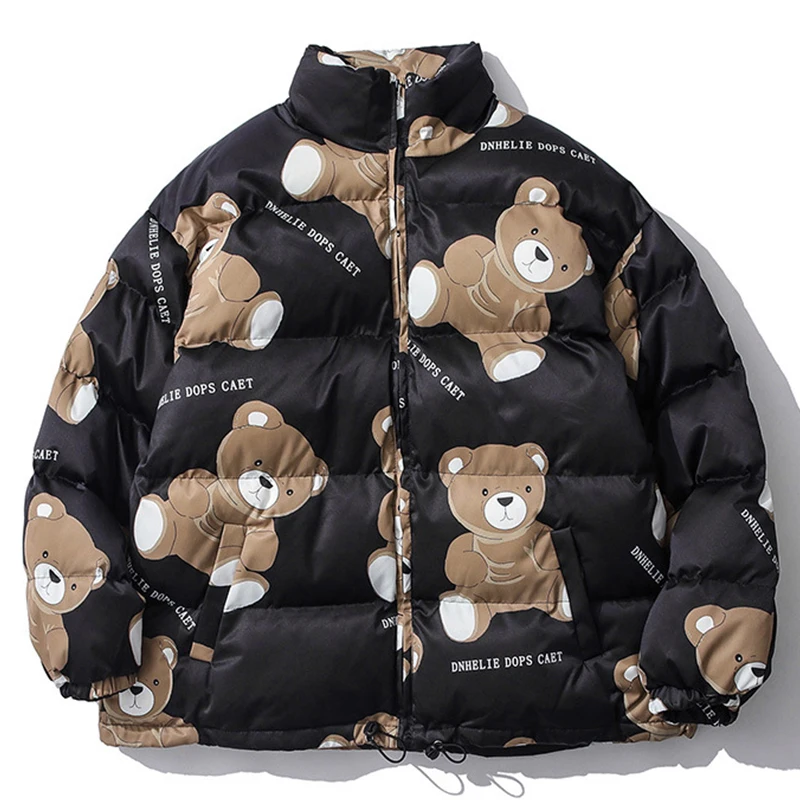 

Men's Winter Warm Parka Jacket Full Cartoon Bears Printed Heated Padded Puffer Jacket Coat Oversize Male Parka Men Women Clothes