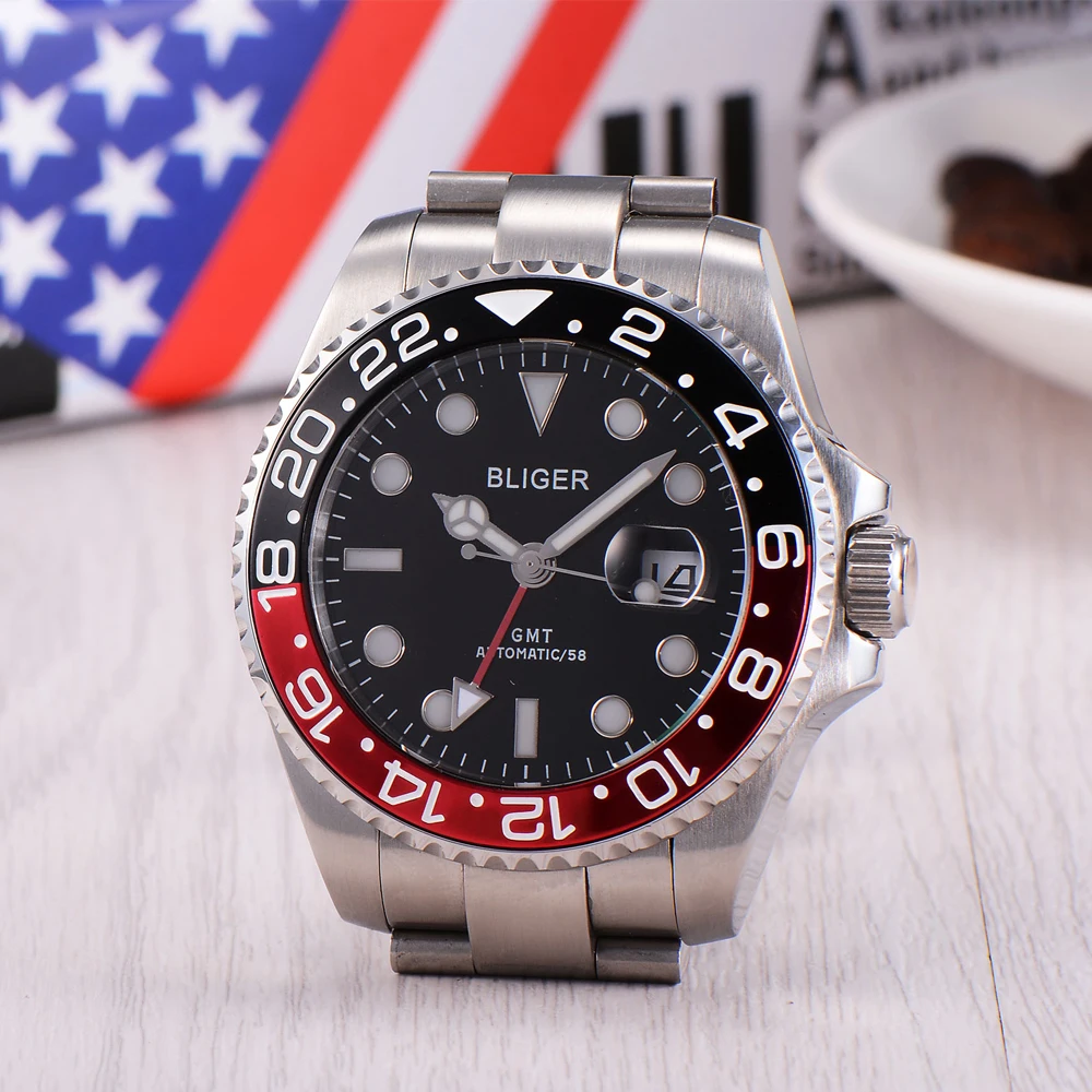 Мужские наручные часы BLIGER сапфировые черные красные керамические с черным