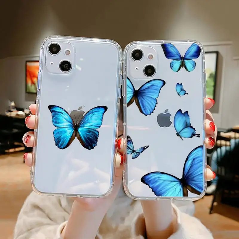 

Blue Butterfly Phone Case Clear Transparent for iPhone 11 12 13 mini pro XS MAX 8 7 6 6S Plus X 5S SE XR 2020