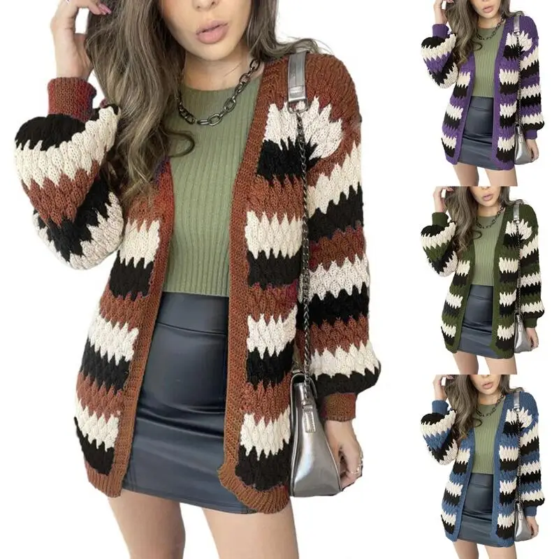 

Autumn Winter Warm Wave stripe Knitted Feather Long-sleeved Women Spell colou Casual Knit Cardigan Sweater FAKUNTN