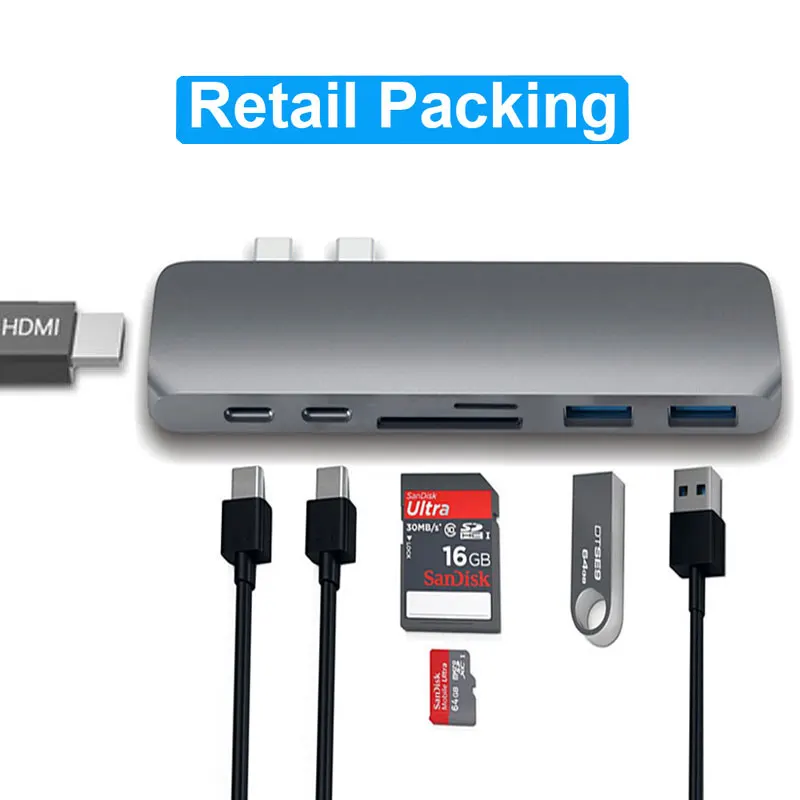 Original Box-Gray Адаптер Thunderbolt 3 USB 3,1 type-C концентратор к HDMI 4K USB C концентратор с концентратором 3,0 TF sd-ридер слот PD для MacBook Pro/Air USB-C - Цвет: Original Box-Gray