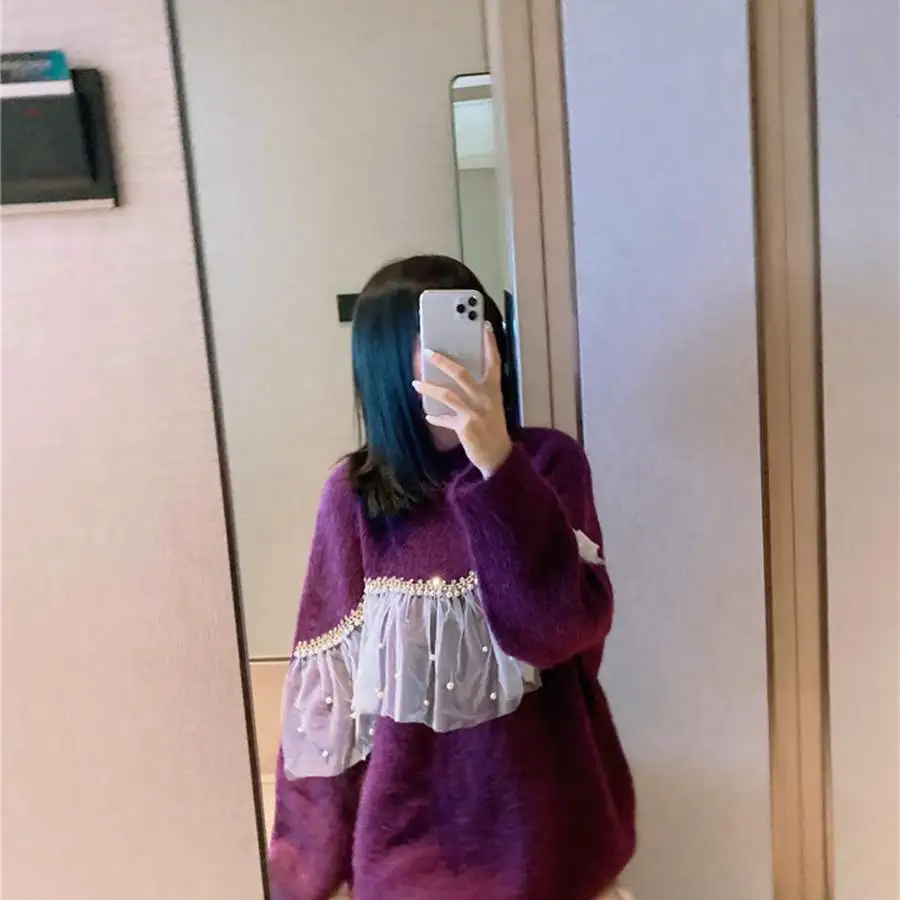 

2021 New Winter Fashion Ladies Lace Pullovers Diamond-Studded Pearl Mesh Beaded Loose Heavy Long-Sleeved Knitted Woman's Sweater