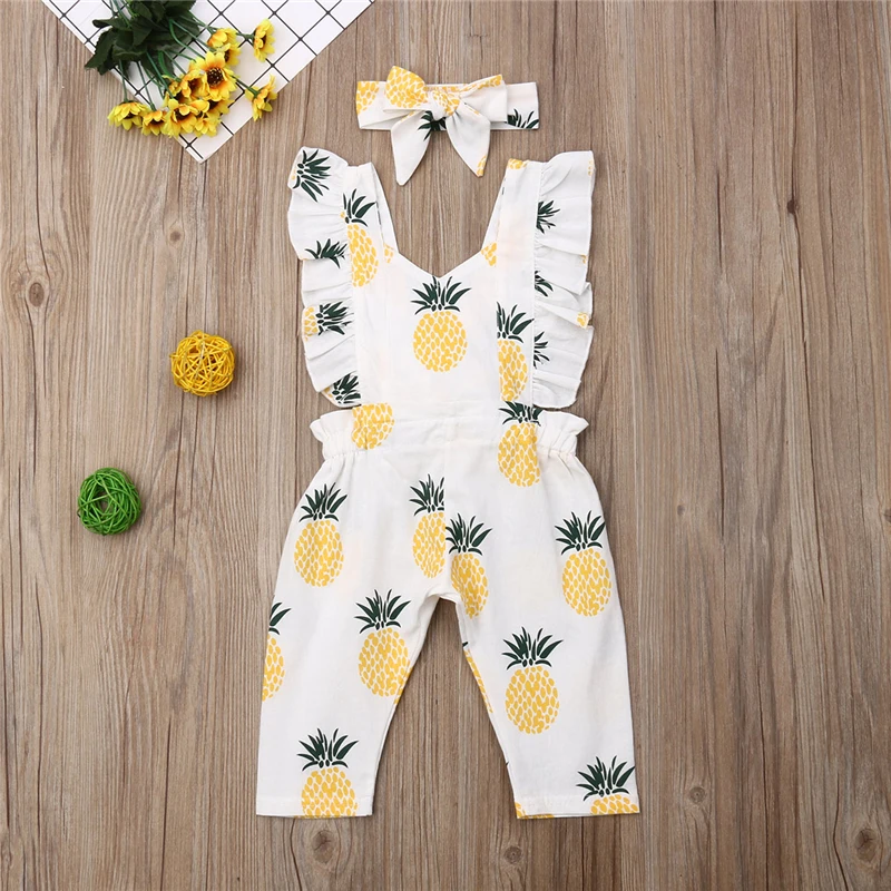 

Toddler Newborn Baby Girl Jumpsuit Infant Clothes Sleeveless Ruffle Pineapple Printed Romper Headband Outfits Clothing Set