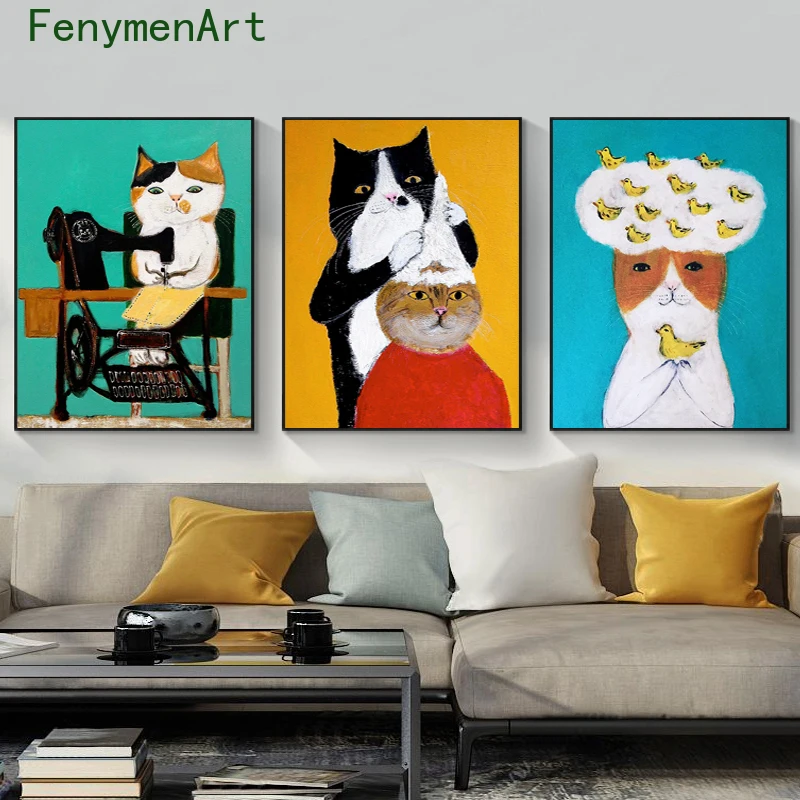 

Cartoon Cats Canvas Oil Painting Working Funny Cats Poster Print Nordic Wall Art Picture Living Room Kid Bedroom Home Decor