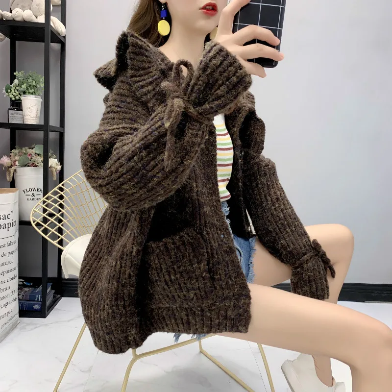 

2021 Winter New Knitted Women Sweater And Cardigan Ruffles Solid Vintage Loose Pocket Thicken Warm Lady Elegant Outwear Coat