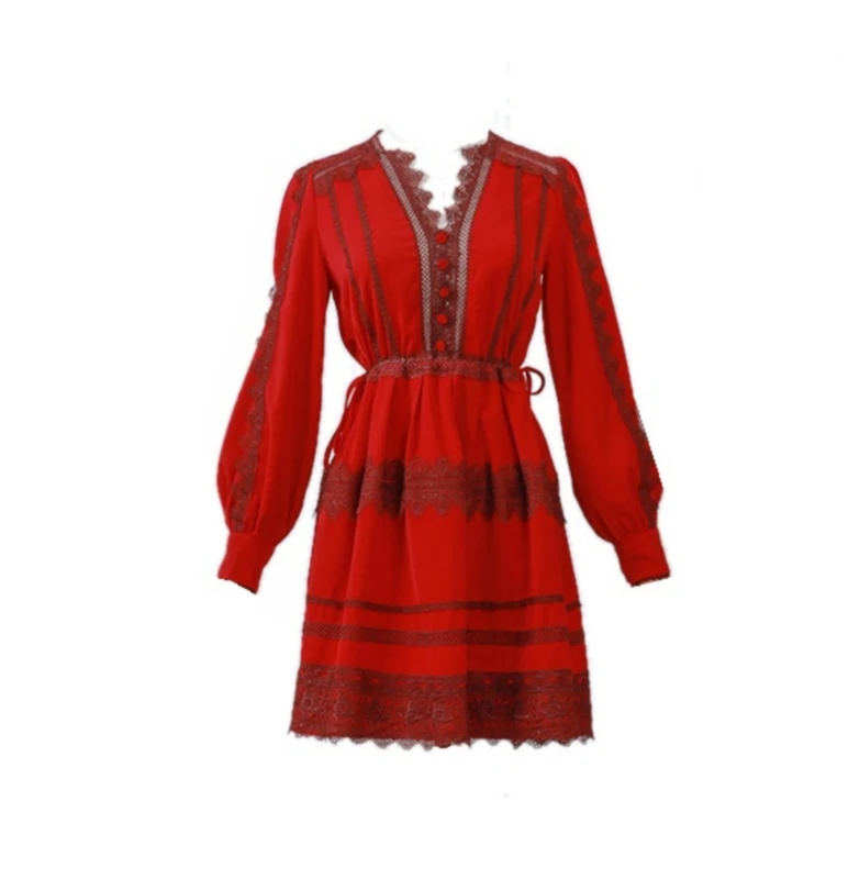 

2020 Autumn New Fashion Runway Desigher Women Casual Sexy V-Neck Lantern sleeve Lace Trim Short Mini Dress vestidos
