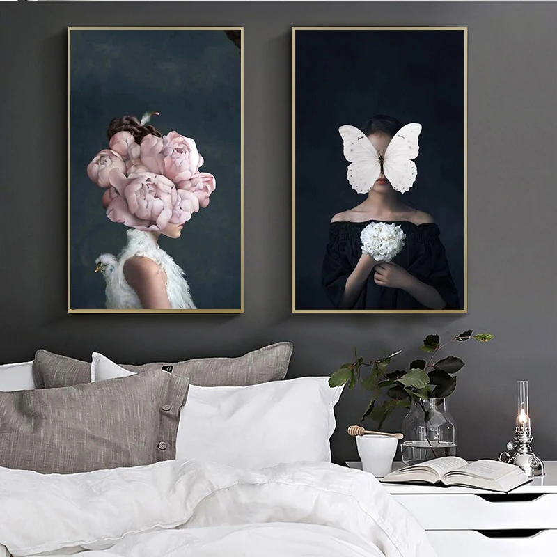 

Larger Size Nordic Poster Canvas Print Flowers Butterfly Woman Oil Painting Wall Art Pictures For Living Room Home Decor