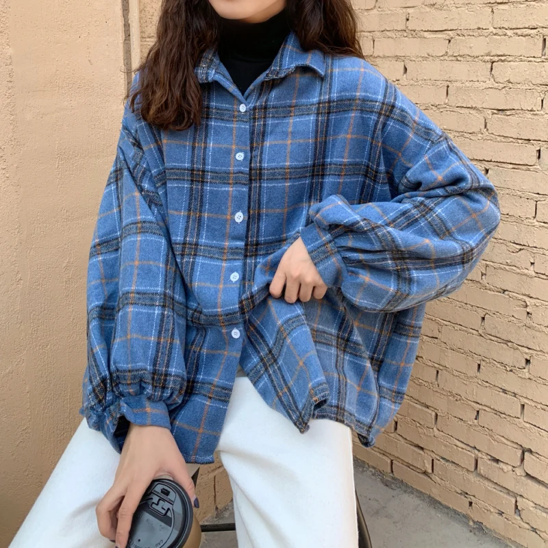 

Harajuku Jacket Plaid Shirt Women Button Up Shirts Turn Down Collar Spring Long Sleeve BF Classic Outwear Tops Female Chic New