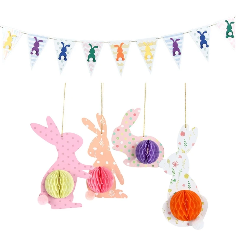 

1 Set Easter Honeycomb Rabbits Hanging Pendant Bunny Ornament Banner Photo Prop 69HF