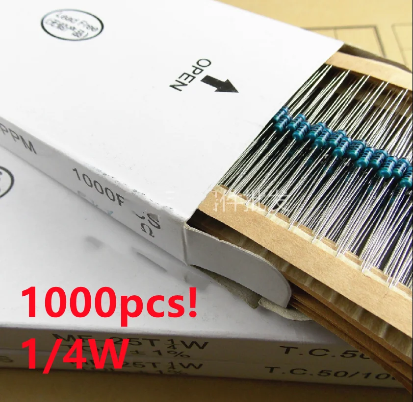 

1000pcs/lot 1/4W 1% Metal film resistor 1R~1M 100R 220R 330R 1K 1.5K 2.2K 3.3K 4.7K 10K 22K 47K 100K 100 220 330 2K2 3K3 4K7 ohm