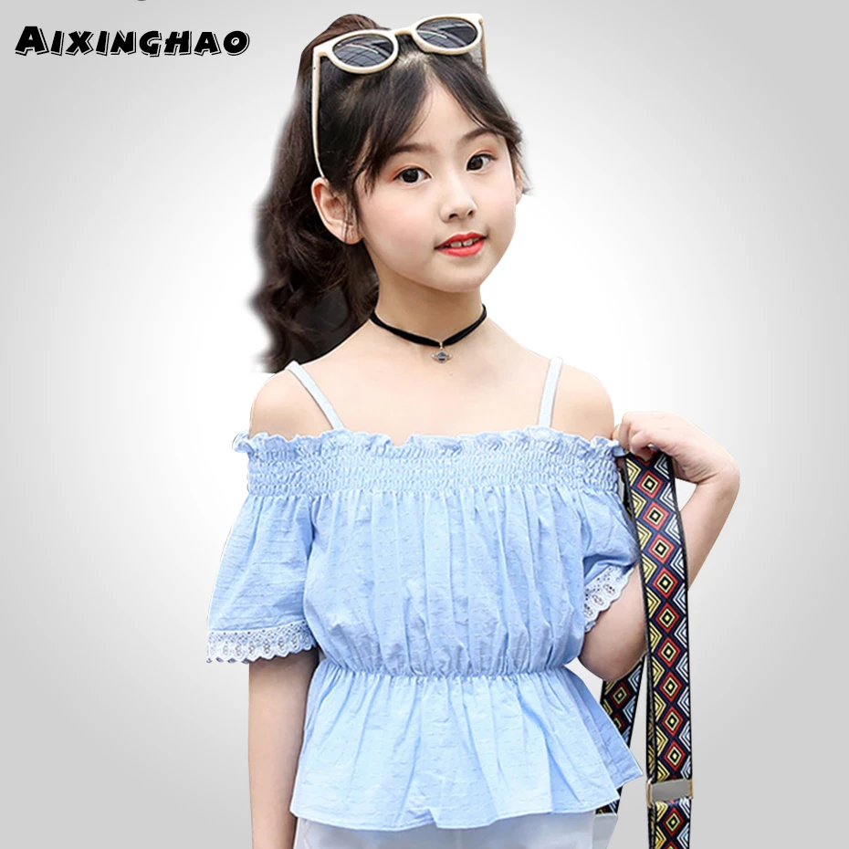 Летняя одежда для больших девочек кружевная блузка с открытыми плечами + белые