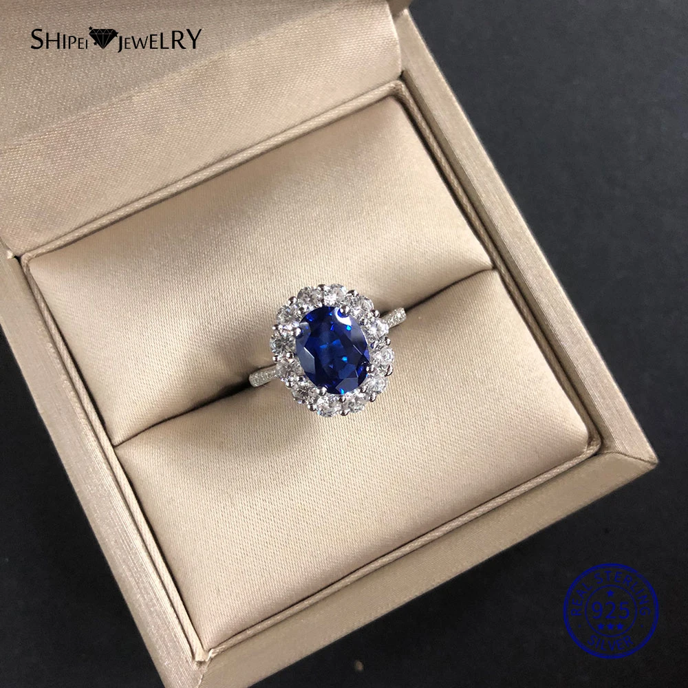 

Shipei Coctail Ring 100% 925 Sterling Silver 7*9MM Oval Blue Sapphire Ring Silver 925 Jewelry Weddding Engagement Ring Size 5-12