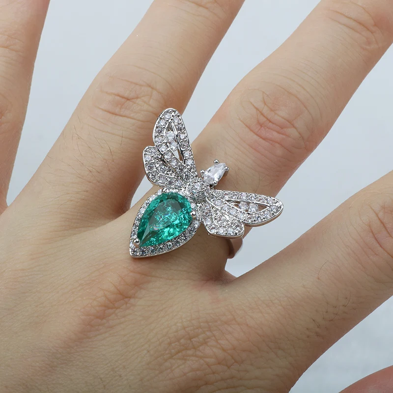 

BIJOX STORY 925 sterling Silver female ring water drop emerald butterfly shape fashion rings fine Jewelry for Wedding Party Gift