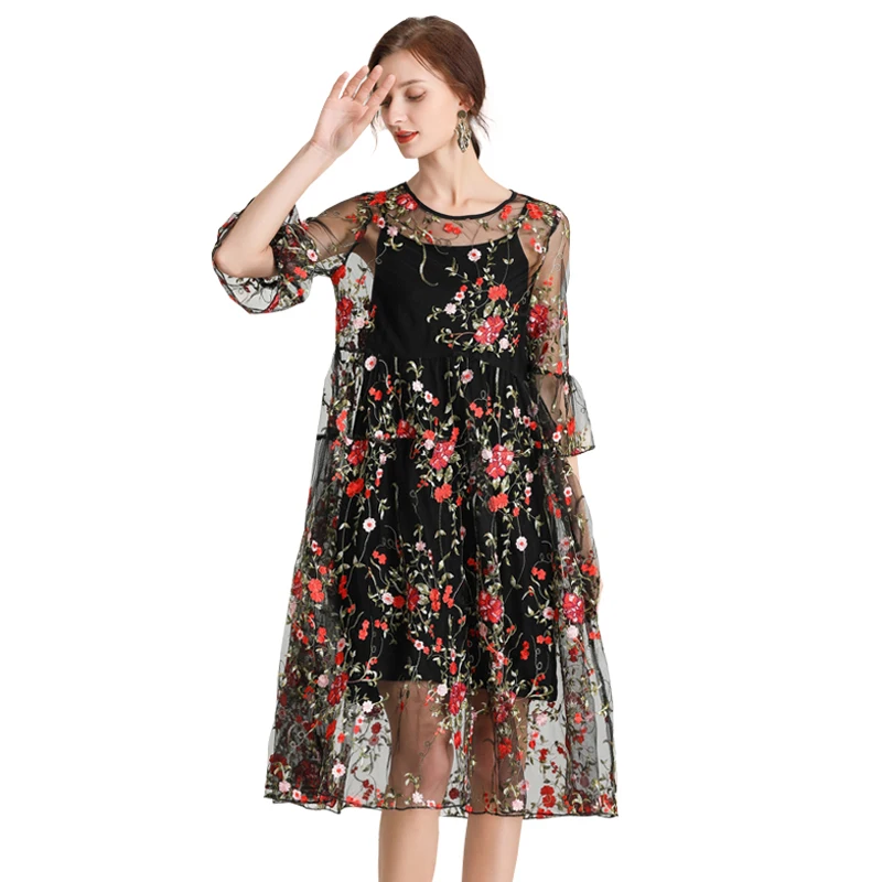 

Women's Dress Black Embroidery Sexy Plus Size 2021 Summer Spring Mesh Elegant Party Beach Oversized Dresses 4XL