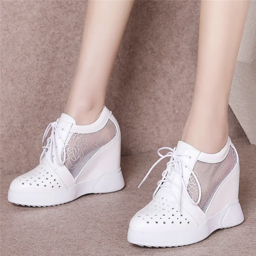 Fashion Sneakers Women Lace Up Genuine Leather Wedges High Heel Vulcanized Shoes Female Summer Pointed Toe Platform Pumps | Обувь