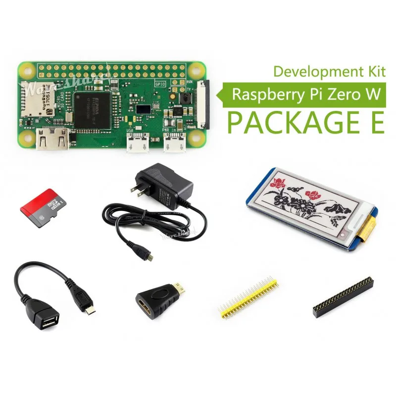 Raspberry Pi Zero W Package E, with 2.13inch e-Ink Display HAT / Power Supply and Basic Components