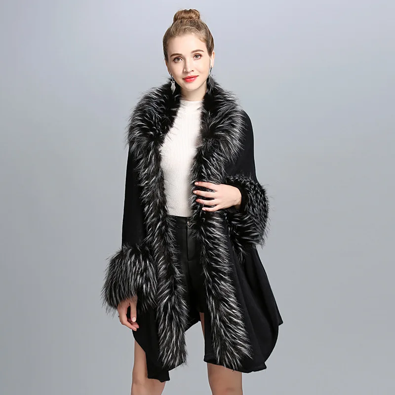 Fashion Luxury Lapel Faux Ostrich Fur Coat Cape Long Women Knit Cashmere Cloak Shawl Cardigan EuropeStyle Fall Winter New | Женская