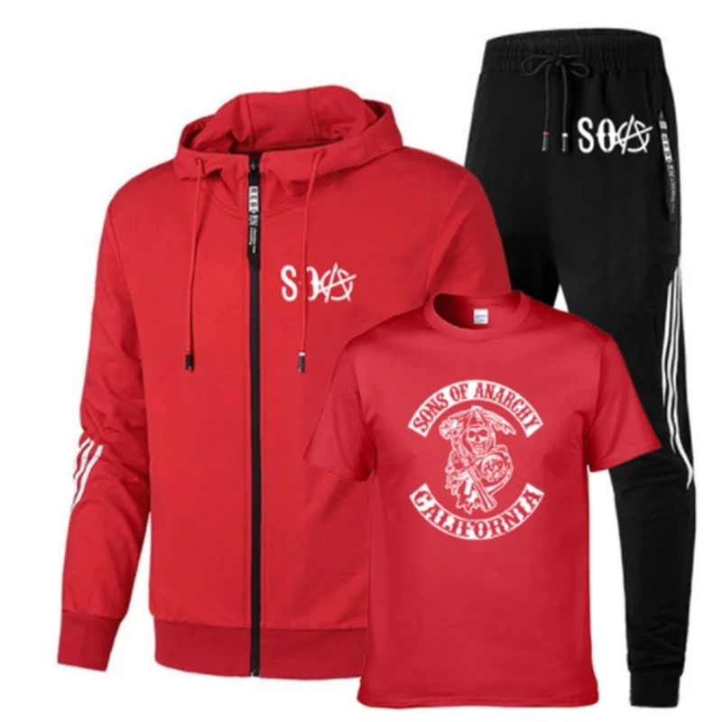 

Spring Autumn Men's jackets SOA SONS OF ANARCHY Race Motorcycle Printing Cotton Quality Men's sweatshirt+t-shirt+pants 3-piece
