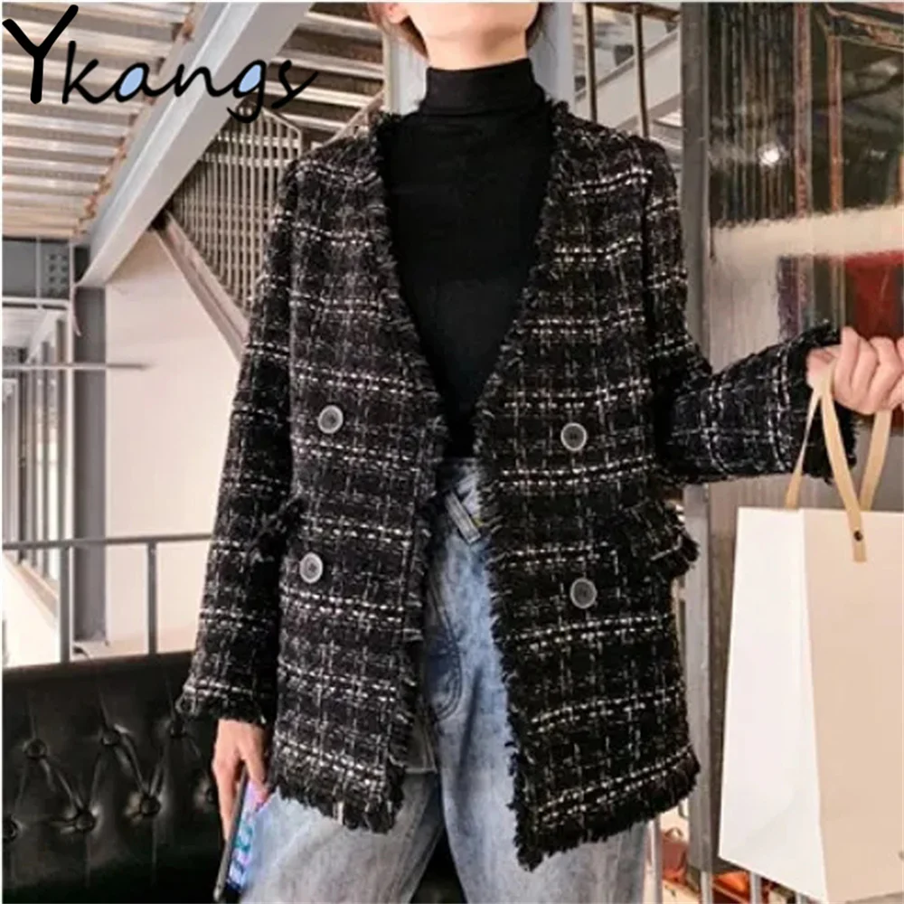

Tweed Plaid Women'S Jacket Korean Trend Spring Autumn 2021 Casual Female Loose Coat Bf Elegant Vintage Design High Street Parkas