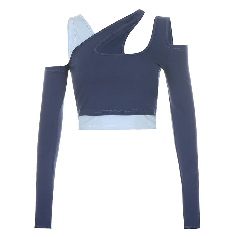 

Personality Contrast Color Irregular Collar Hollow Strapless Design Short Slim Long-sleeved T-shirt Female Crop Top