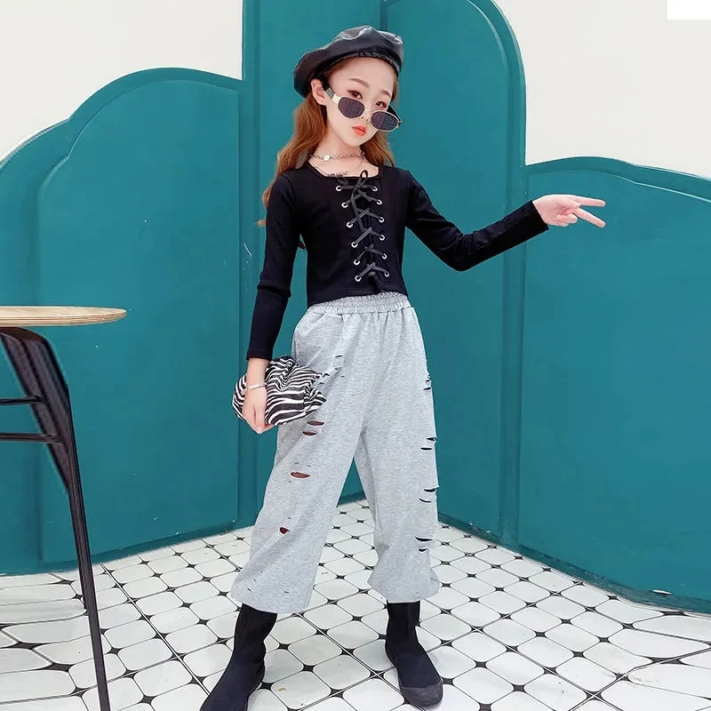 

Jazz Costume Girls Clothing long sleeve T-Shirt Children Retro Bandage Tops & Hip Hop Pants For Kids Performance Modern Dancing