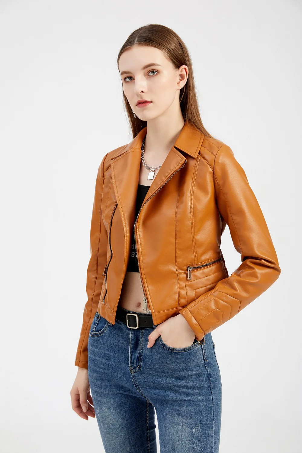 

2021 Leather Jacket Women Zippers Spring Autumn Women's PU Leather Jacket Mandarin Collar Red Motor Biker Coat Female Oversized