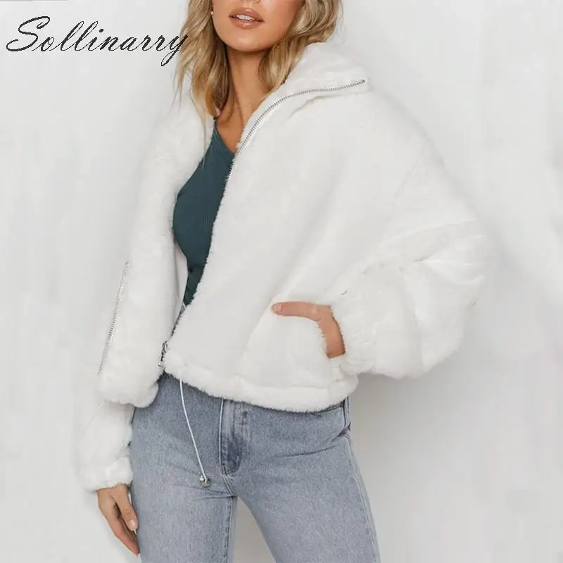 Sollinarry/модные зимние плюшевые пальто, куртки для женщин, искусственный мех, милые осенние свободные пальто на молнии, женские теплые шикарные топы, верхняя одежда
