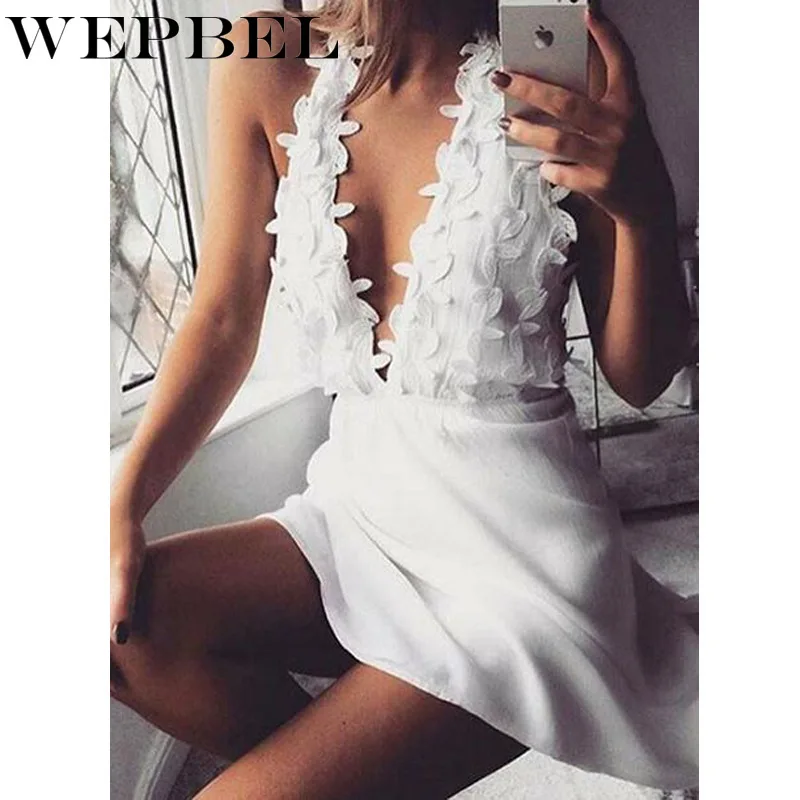 

WEPBEL Spring and Summer Sexy Solid Color Lace Sleeveless Dress Women's Fashion Halter Spaghetti Strap V-neck Slim Dress