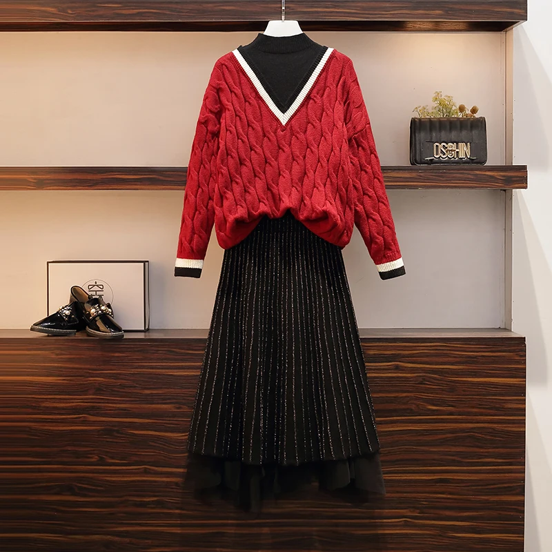 

Autumn Spring Sweater Plus Size Women's Knitting skirt suit women's Costume Sweater suit + Slim Skirt Two-Piece sets tracksuit