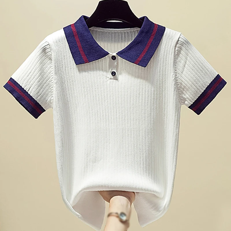 

Short Sleeve T Shirt Female Summer Tops College Style Reducing Lapel t Shirt Women Buttons Knitted Lady Tee Shirt Femme Clothing