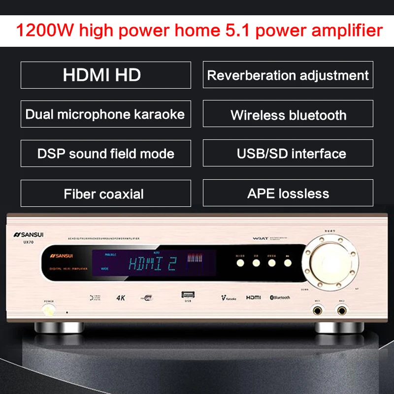 

1200W High-power 5.1 Power Amplifier UX70 HD Bluetooth Home Theater Audio Lossless Hifi Subwoofer Amplifier Fiber Coaxial