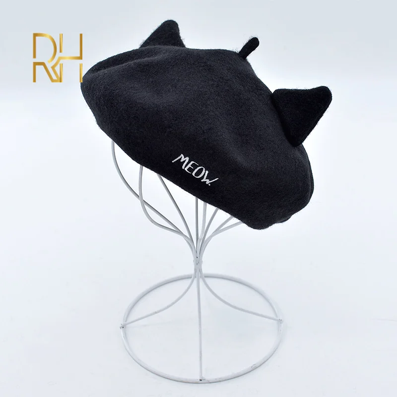 Шерстяной берет с кошачьими ушками художественная шапка милая шерстяная бутон