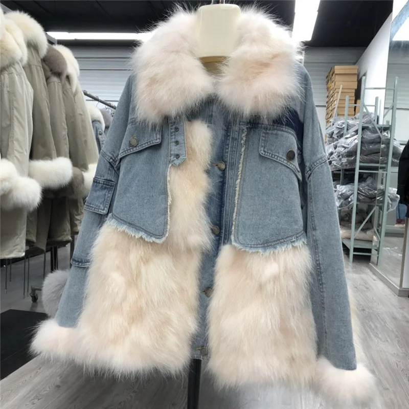 2022 New Winter Denim Real Raccoon Fur Coat Genuine Fur Collar Autumn Women Jacket A Style Loose Plus Size High Quality enlarge