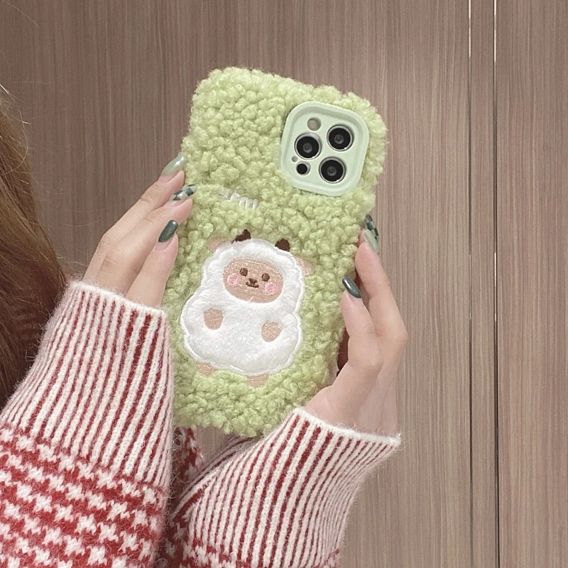 

Cute Sheep Warm Lamb Plush Fabric Phone Case For iPhone 13 12 11 Pro Max X Xs Max Xr 7 8 Plus Cases Fuzzy Soft Back Cover Coque