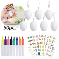 2022 new 50 pcs plastic white easter eggs decorative eggs with hanging rope easter diy painting eggs with 8 color pens