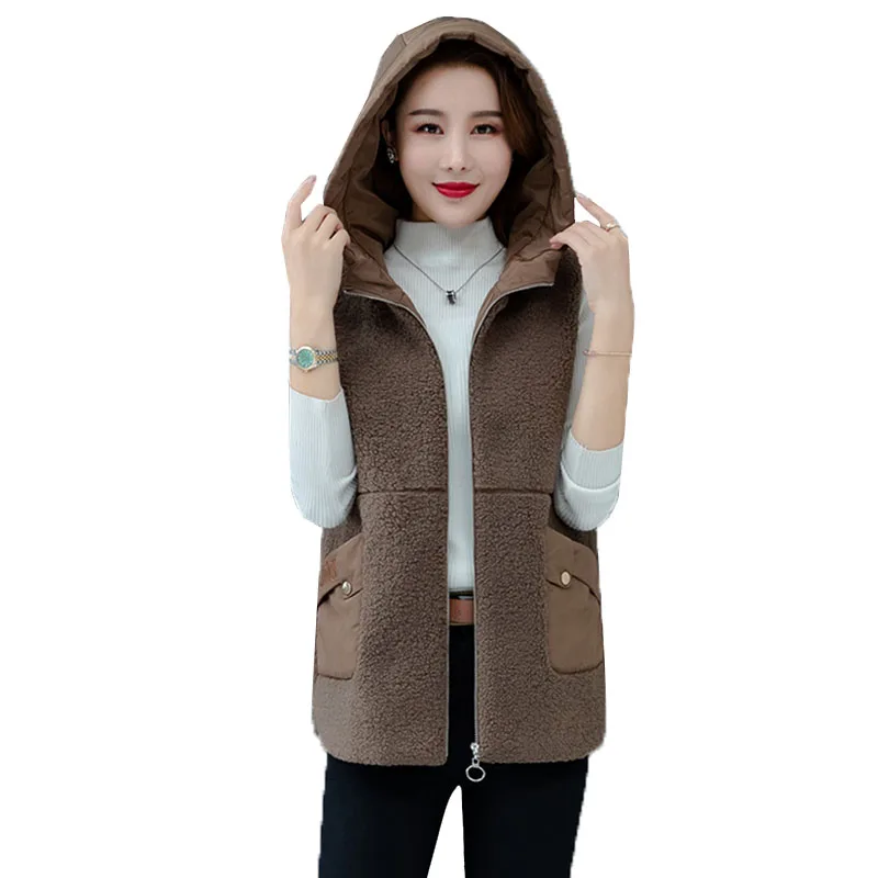 

Autumn Winter New imitation lamb fur One Vest jacket female Sleeveless Hooded Zipper Women's Short Plus Size Vest Coat Tops T318