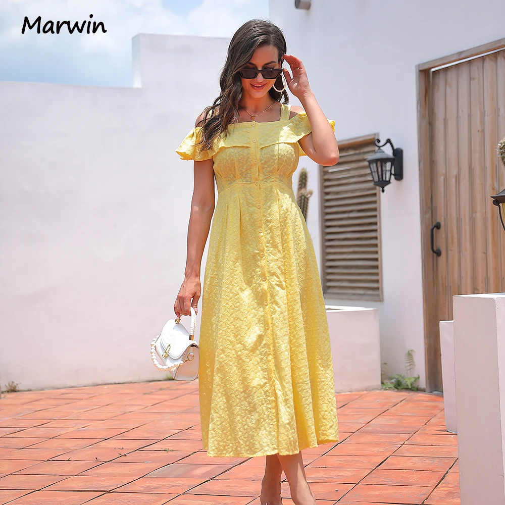 

Marwin Simple Long Casual Solid Hollow Out Pure Cotton Holiday Style High Waist Fashion Mid-Calf Summer Dresses NEW Vestidos