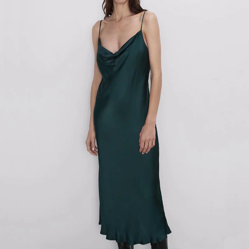 Женское Повседневное платье с открытыми плечами Зеленое Длинное Платье лямкой