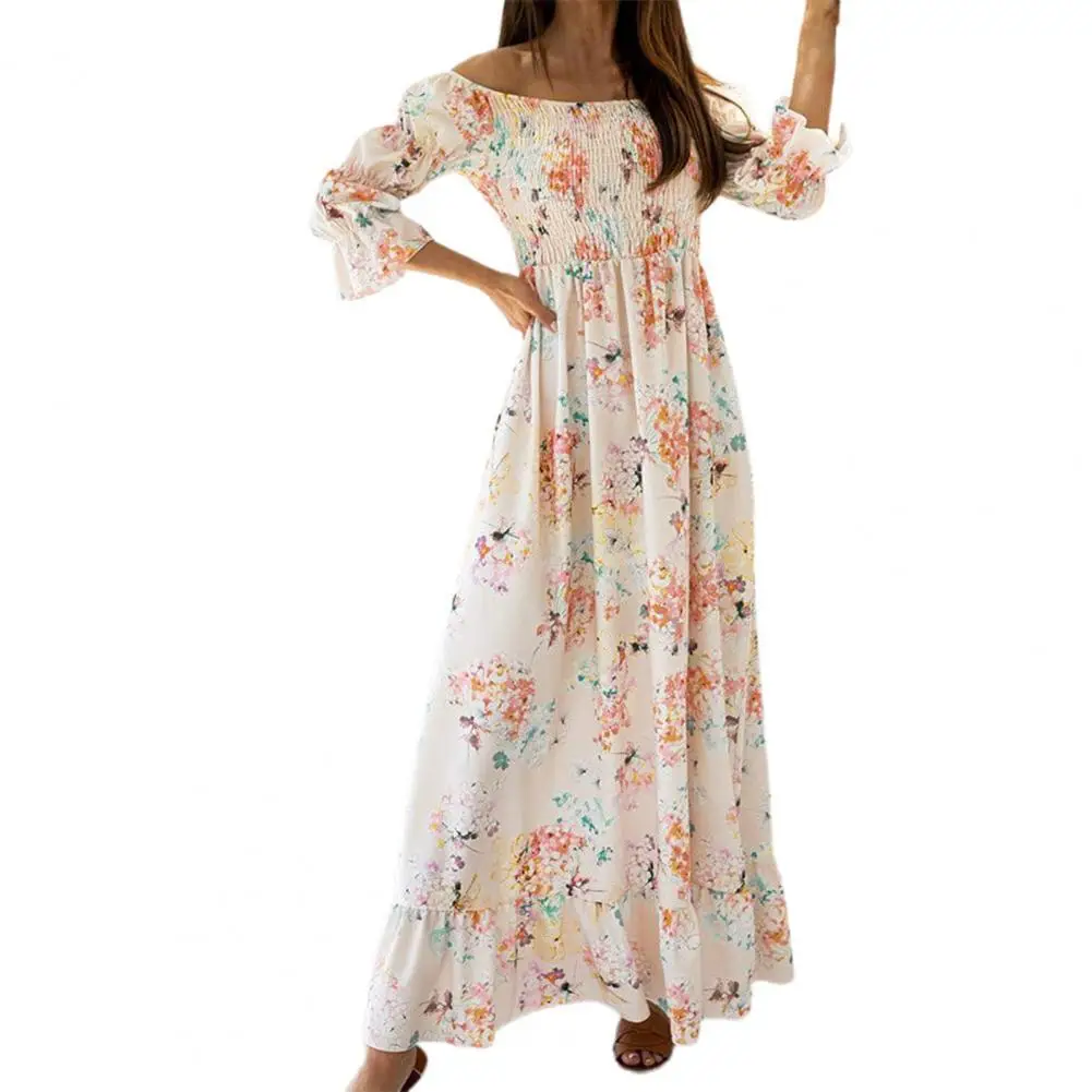 

Puff Sleeve Ruffle Flowy Hem Maxi Dress Women Slash Neck Floral Print Bohemia Long Dress Party Ladies Clothing Robe