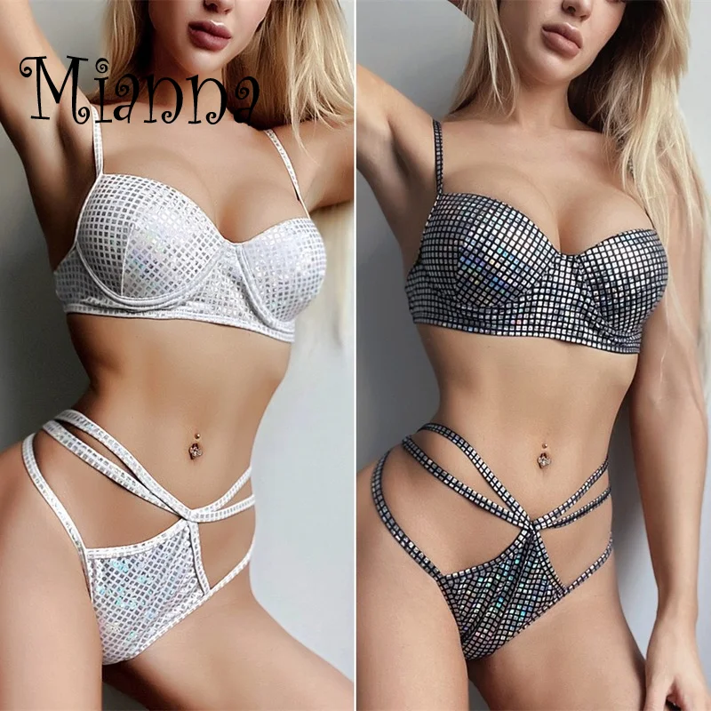 

Sexy Swimsuit Bikini Set 2021 Summer Women Shiny Bikini Drawstring High Waist Swimwear Bathing Suits Biquinis Swumsuit Woman