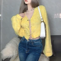 european style 2021 autumn and winter new womens yellow loose long sleeved v neck cardigan cropped jacket