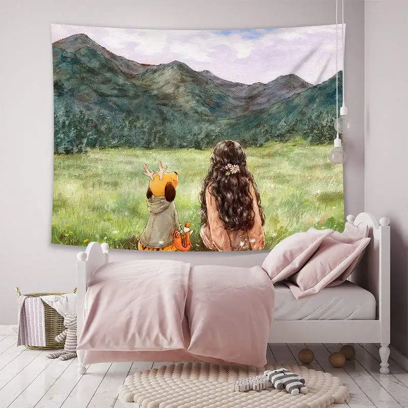 Ins Girl and Dog Background Cloth Wall Hanging Tapestry Hand-painted Dorm Room Girls Bedroom Dormitory Decor | Дом и сад