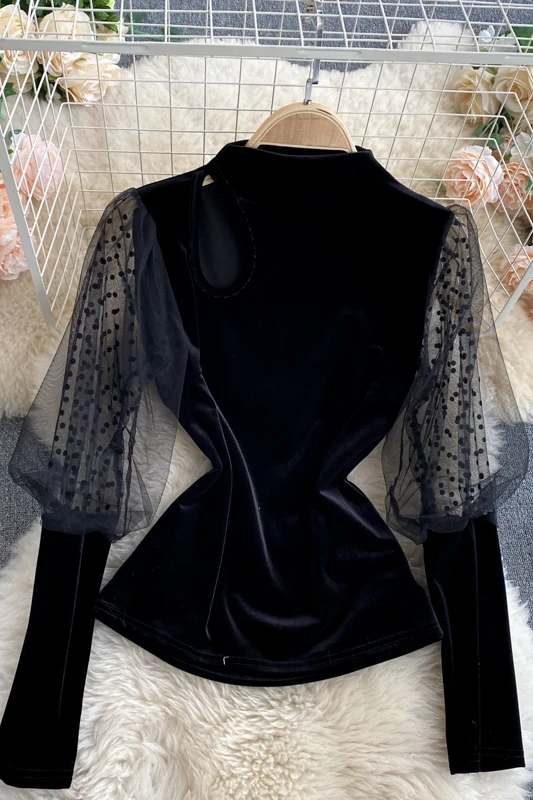

women blouses 2020 autumn winter clothes vintage hollow out elegant puff sleeve top velvet shirt black patchwork mesh shirts