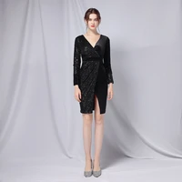 simple velvet bead piece evening dress long sleeves black fashion sexy sequined slim sexy v neck short cocktail ball with slit