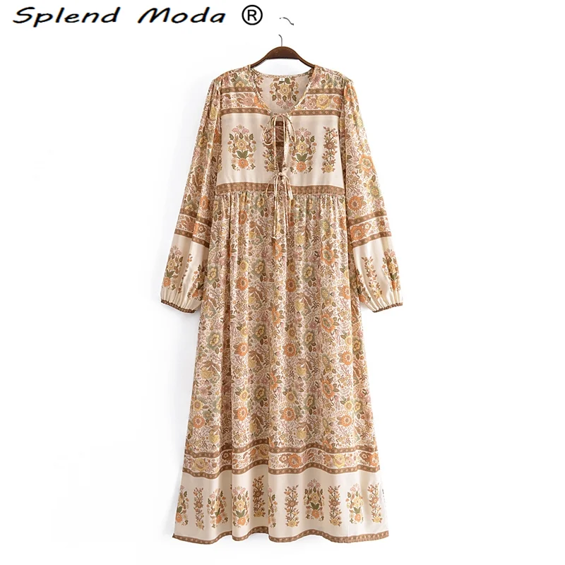 

Splend Moda New Boho Vintage Floral Printed Loose Long Dress Women Holiday Chic Tassle Deep V-neck Dresses Female Beachwear